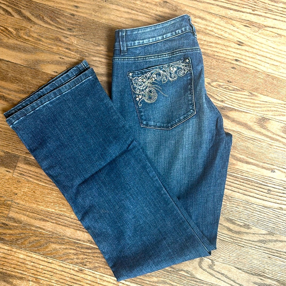 White House Black Market Dark Blue Boot Cut Jeans with Embroidered Back Pocket